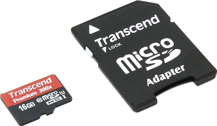 Карта памяти 16Gb microSDHC Transcend Class 10 UHS-I + адаптер (TS16GUSDU1)