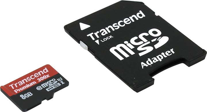 

Карта памяти 8Gb microSDHC Transcend Class 10 UHS-I U1 + адаптер, TS8GUSDU1