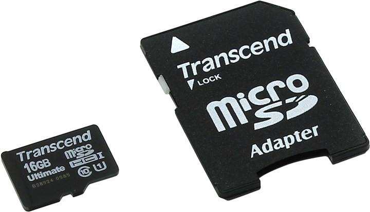 

Карта памяти 16Gb microSDHC Transcend Class 10 UHS-I U1 + адаптер, TS16GUSDHC10U1
