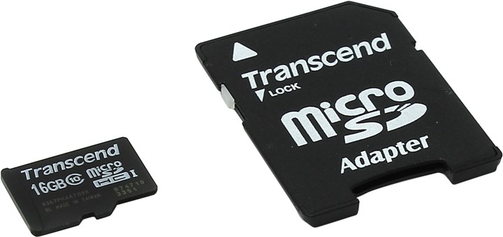 Карта памяти 16Gb microSDHC Transcend Class 10 + адаптер (TS16GUSDHC10)