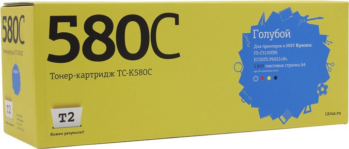 

Тонер-картридж T2 TC-K580C (TK-580C) для Kyocera FS-C5150DN/ECOSYS P6021cdn (2800стр), голубой с чипом