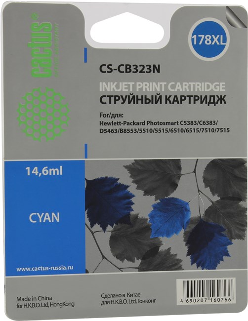 

Картридж струйный Cactus CS-CB323N(CS-CB323) (178XLN), голубой, совместимый, 14.6 мл, для HP DJ 3070A, 5510 / 5515 / 6510 / 7510 / C5383 / C6383 / D5463, B8553