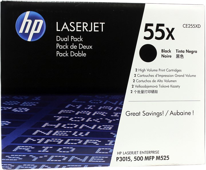 

Картридж лазерный HP 55X/CE255XD, черный, 2 шт. шт., 13500 страниц, оригинальный для LaserJet Enterprise 500 M525dn/M525f/M525c, P3015/P3015d/P3015dn/P3015x, LaserJet Pro M521dn/M521dw, 55X