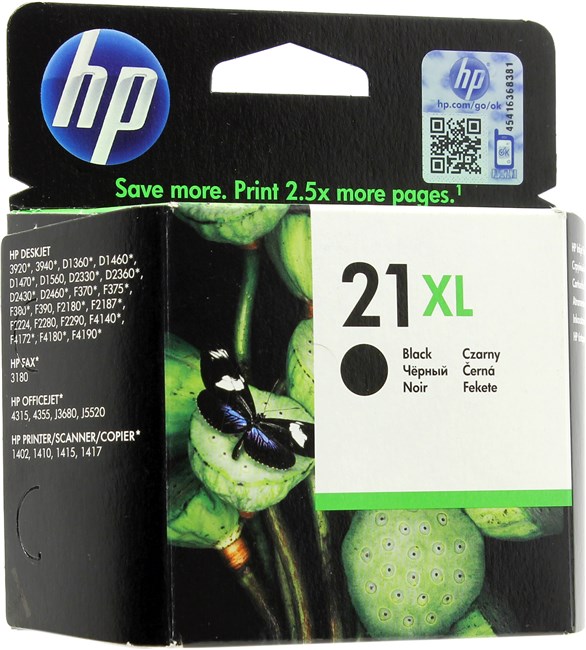 

Картридж струйный HP 21XL (C9351CE), черный, оригинальный, ресурс 475 страниц, для HP Officejet J3680 / 4355, HP Deskjet D2360 / D2460 / F2180 / F380 / F4180 / D1530 / 3940, HP PSC 1410, 21XL
