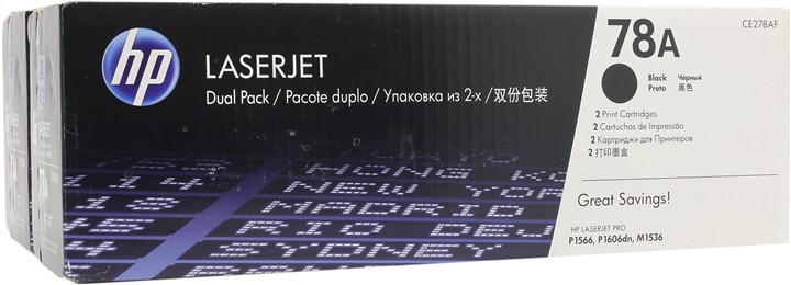 

Картридж лазерный HP 78A/CE278AF/CE278AD, черный, 2 шт. шт., 2100 страниц, оригинальный для HP LaserJet Pro M1536dnf / P1566 / P1606dn, 78A