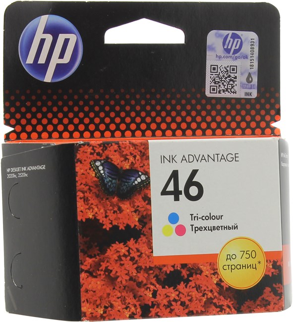 

Картридж струйный HP 46 (CZ638AE), голубой/пурпурный/желтый, оригинальный, ресурс 750 страниц для HP HP DeskJet Ink Advantage Ultra 2529 / 4729 / 2029 / 2020hc / 2520hc, 46