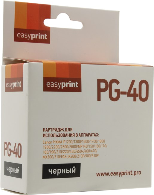 

Картридж EasyPrint IC-PG40 (PG-40) для Canon PIXMA iP2200/2500/2600/6210D/MP140/210/450/MX310, чёрный, Черный