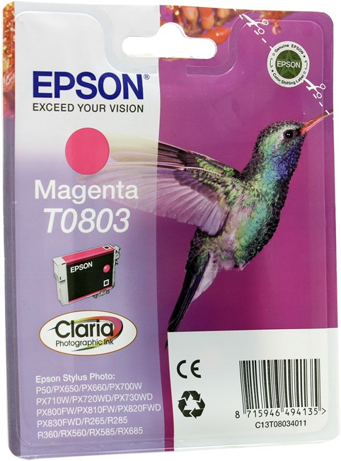 

Картридж струйный Epson T0803 (C13T08034010/C13T08034011/C13T08034021), пурпурный, оригинальный, ресурс 435 страниц для Epson Epson Stylus Photo P50 / PX660 / PX660+ / PX720WD / PX730WD / PX820FWD / PX830FWD, T0803