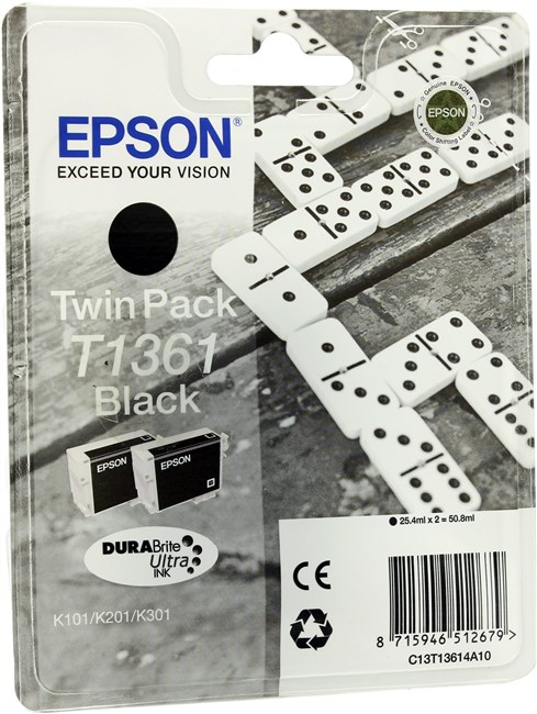 

Картридж струйный Epson T1361 (C13T13614A10), черный, оригинальный, объем 2*25.4мл, для Epson K101 / K201 / K301, T1361