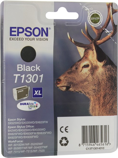 

Картридж струйный Epson T1301 (C13T13014012), черный, оригинальный, ресурс 645 страниц для Epson Epson Stylus SX525WD / SX535WD, Office B42WD / BX625FWD / BX635FWD, WorkForce WF-3520DWF / WF-7015 / WF-7515 / WF-7525, T1301