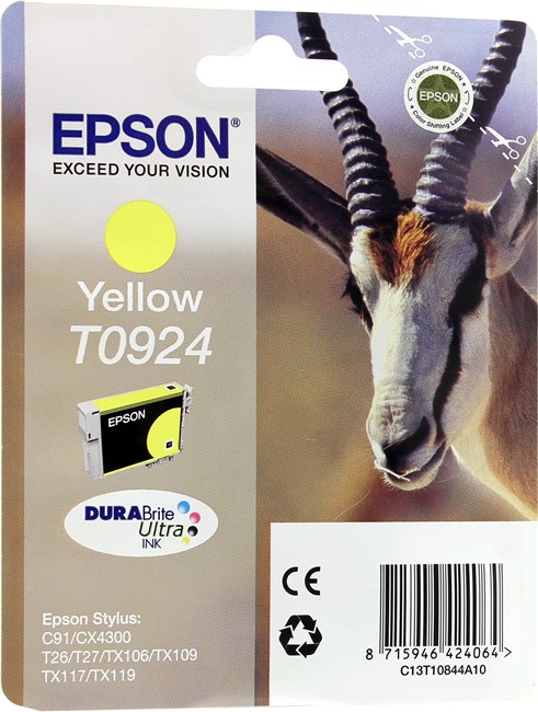 

Картридж струйный Epson T0924 (C13T10844A10), желтый, оригинальный, ресурс 485 страниц, для Epson CX4300 / TX 117, Epson STYLUS C91, T0924