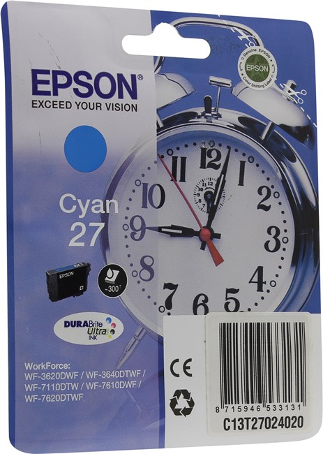 

Картридж струйный Epson 27 (C13T27024020), голубой, оригинальный, ресурс 300 страниц для Epson Epson WorkForce WF-3620DWF / WF-3640DWF / WF-7110DTW / WF-7610DWF / WF-7620DTWF, 27