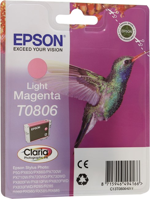 

Картридж струйный Epson T0806 (C13T08064010/C13T08064011/C13T08064021), светло-пурпурный, оригинальный, ресурс 620 страниц для Epson Epson Stylus Photo P50 / PX660 / PX660+ / PX720WD / PX730WD / PX820FWD / PX830FWD, T0806