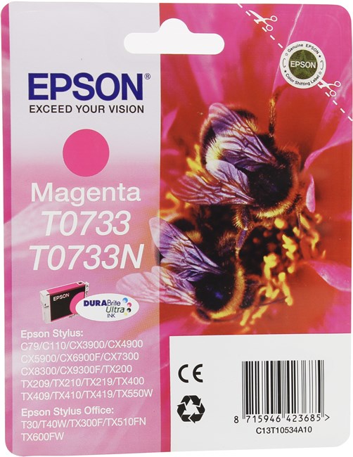 

Картридж струйный Epson T0733 (C13T07334A10/C13T10534A10), пурпурный, оригинальный, ресурс 295 страниц, для Epson Stylus Office T30 / T40W / TX300F / TX510FN / TX600FW, T0733