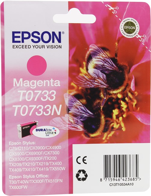 Картридж струйный Epson T0733 (C13T07334A10/C13T10534A10), пурпурный, оригинальный, ресурс 295 страниц, для Epson Stylus Office T30 / T40W / TX300F / TX510FN / TX600FW