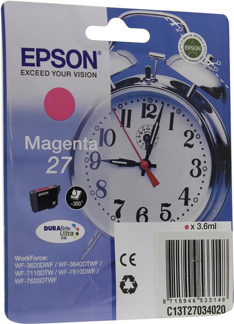 

Картридж струйный Epson 27 (C13T27034012/C13T27034020/C13T27034022), пурпурный, оригинальный, объем 3.6 мл, ресурс 300 страниц для Epson Epson WorkForce WF-3620DWF / WF-3640DWF / WF-7110DTW / WF-7610DWF / WF-7620DTWF, 27