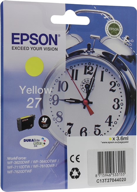 

Картридж струйный Epson 27 (C13T27044020), желтый, оригинальный, ресурс 300 страниц для Epson Epson WorkForce WF-3620DWF / WF-3640DWF / WF-7110DTW / WF-7610DWF / WF-7620DTWF, 27