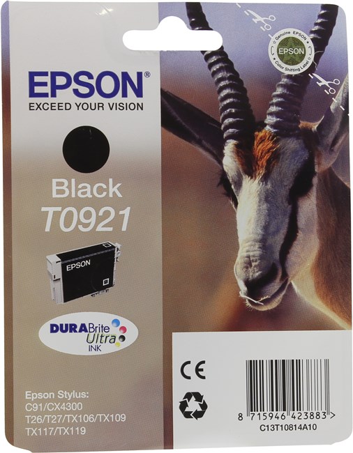 

Картридж струйный Epson T0921 (C13T10814A10/C13T09214A10), черный, оригинальный, ресурс 255 страниц, для Epson Stylus TX119 / T27 / TX109, T0921