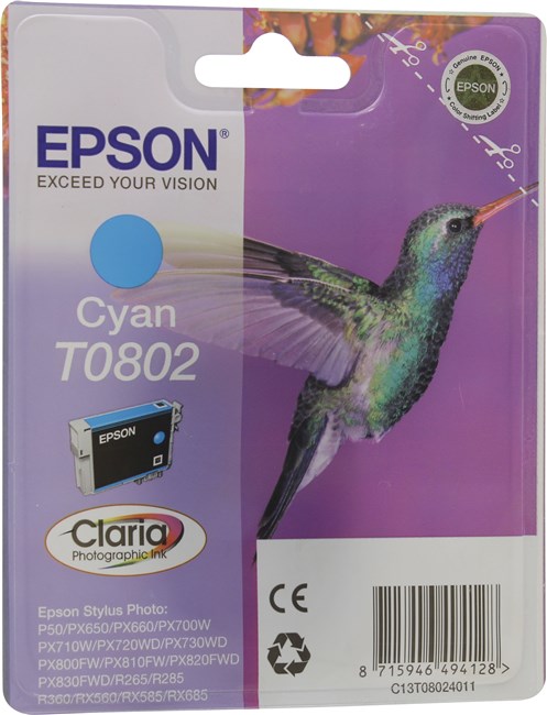 Картридж Epson T0802 (C13T08024010/C13T08024011/C13T08024021), голубой