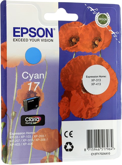 

Картридж струйный Epson T1702 (C13T17024A10), голубой, оригинальный, ресурс 150 страниц, для Epson Expression Home XP-103 / XP-203 / XP-207 / XP-303 / XP-306 / XP-313 / XP-323 / XP-33 / XP-406 / XP-413 / XP-423, T1702