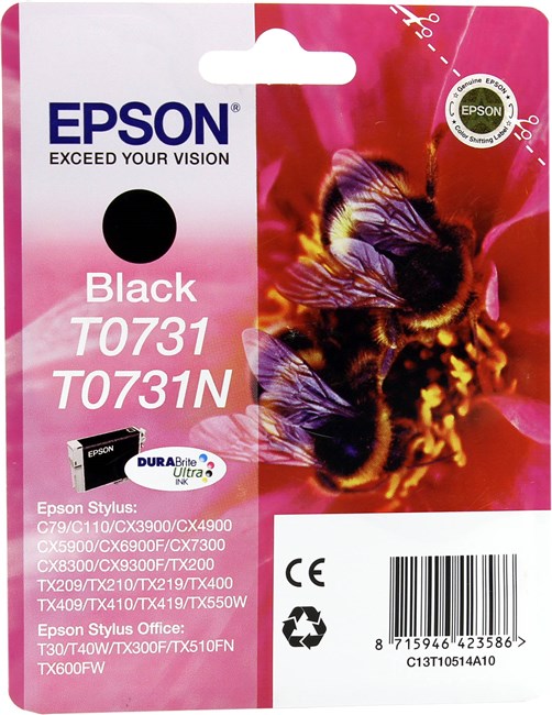

Картридж струйный Epson T0731 (C13T10514A10), черный, оригинальный, ресурс 260 страниц для Epson Epson C79 / C110 / CX6900F / CX8300 / CX9300F / TX209 / TX409 / T30 / T40W / TX300F / TX600FW, T0731