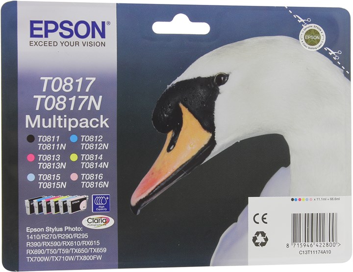 

Комплект картриджей струйный Epson T0817 (C13T11174A10/ C13T08174A10), голубой/ пурпурный/ желтый/ светло-голубой/ светло-пурпурный/ черный, оригинальный, ресурс 355 страниц, для Epson Stylus Photo 1410 / R290 / R295 / RX610 / RX615 / RX690 / T50 / T59 / 