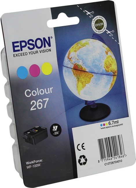 

Картридж струйный Epson T267 (C13T26704010), голубой/пурпурный/желтый, оригинальный, ресурс 200 страниц для Epson Epson WorkForce WF-100W, T267