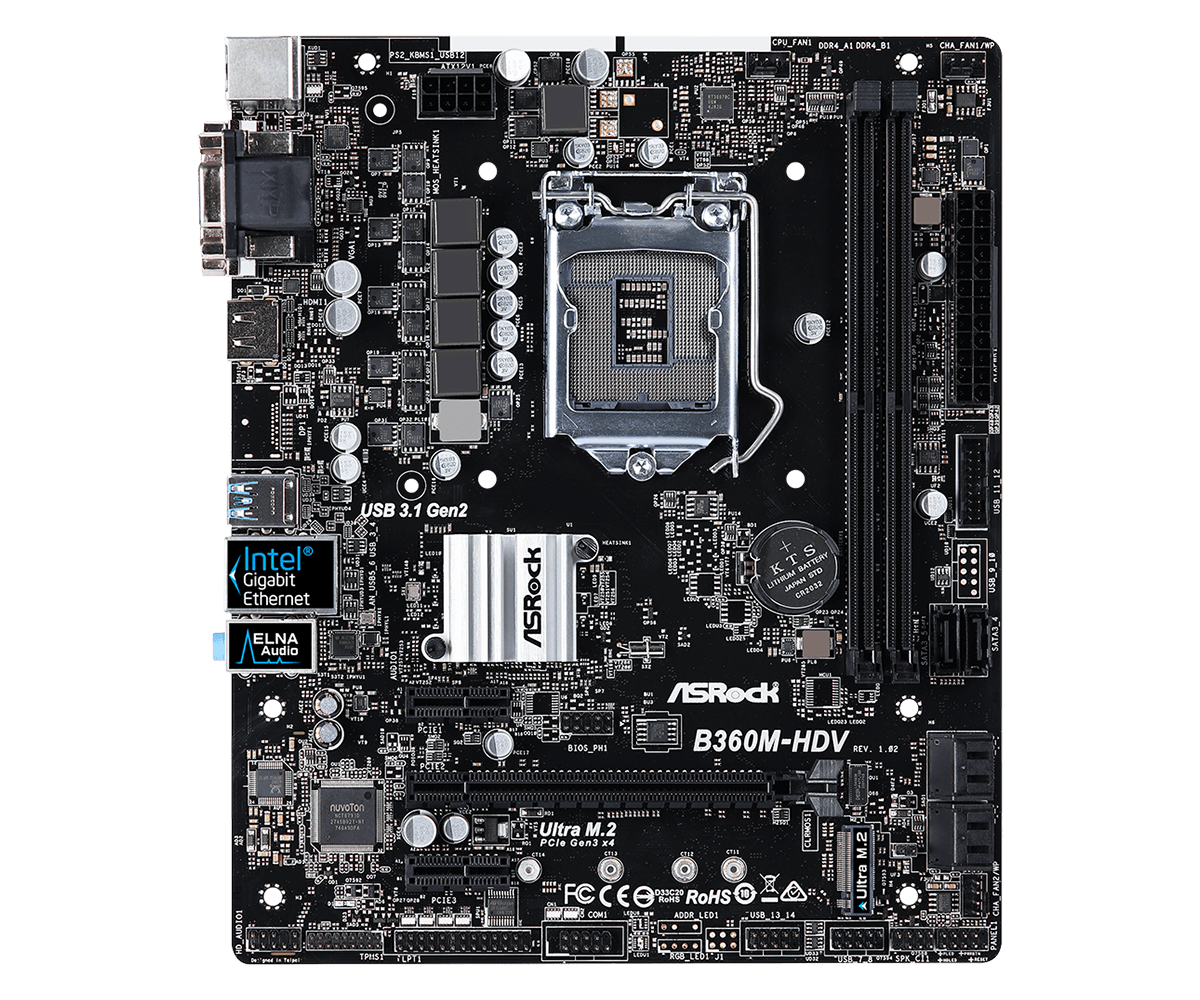 Материнская плата ASRock B360M-HDV, Socket1151v2, Intel B360, mATX