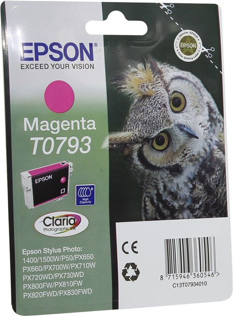 

Картридж струйный Epson T0793 (C13T07934010), пурпурный, оригинальный, ресурс 520 страниц, для Epson P50/PX660/PX820/PX830, T0793
