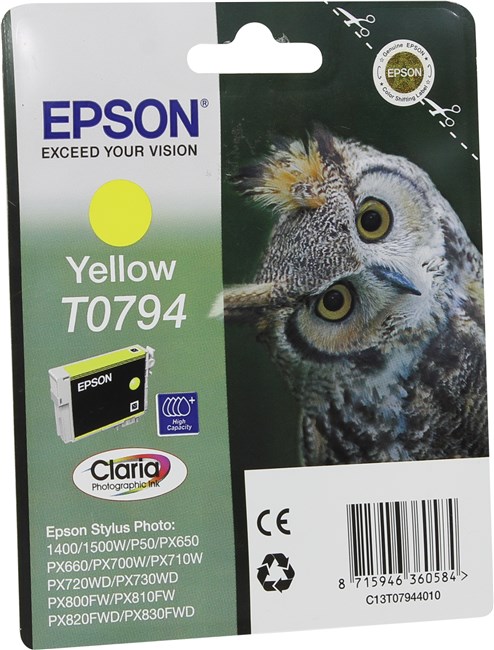 

Картридж струйный Epson T0794 (C13T07944010), желтый, оригинальный, ресурс 970 страниц для Epson Epson P50/PX660/PX820/PX830, T0794