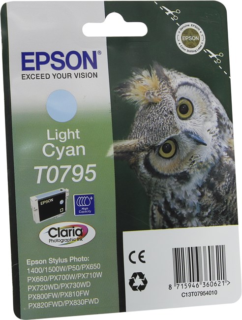 

Картридж струйный Epson T0795 (C13T07954010), светло-голубой, оригинальный, ресурс 520 страниц, для Epson P50/PX660/PX820/PX830, T0795