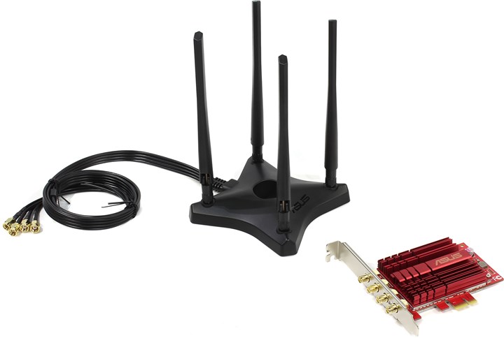 Адаптер Wi-Fi ASUS PCE-AC88, 802.11a/b/g/n/ac, 2.4 / 5 ГГц, до 2.17 Гбит/с, 24 дБм, PCI-E, внешних антенн: 4