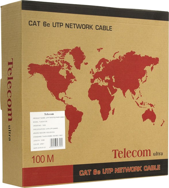Витая пара UTP кат.6, 4 пары, CCA, 100м., внутренний, одножильный, серый, Telecom (TU634157E)