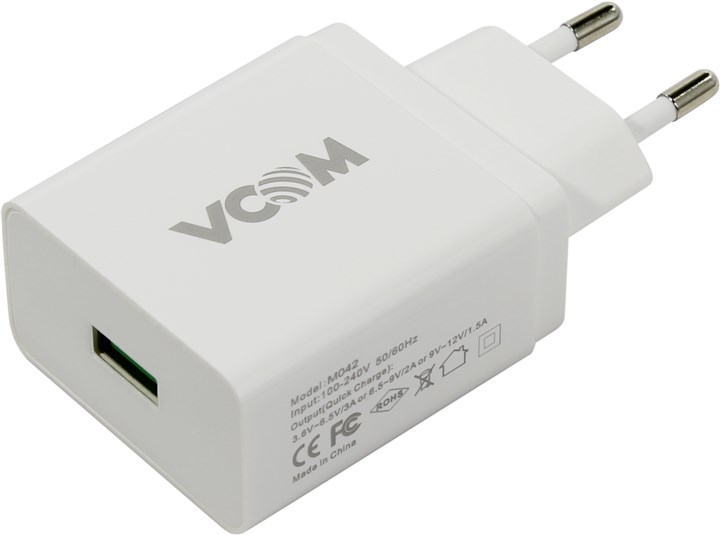 

Сетевое зарядное устройство VCOM Quick Charger CA-M042, 1USB, 3A, белый, Quick Charger CA-M042