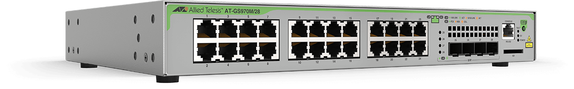 

Коммутатор Allied Telesis GS970M/28, управляемый, кол-во портов: 24x1 Гбит/с, кол-во SFP/uplink: 4x1 Гбит/с, установка в стойку (AT-GS970M/28-50), GS970M/28