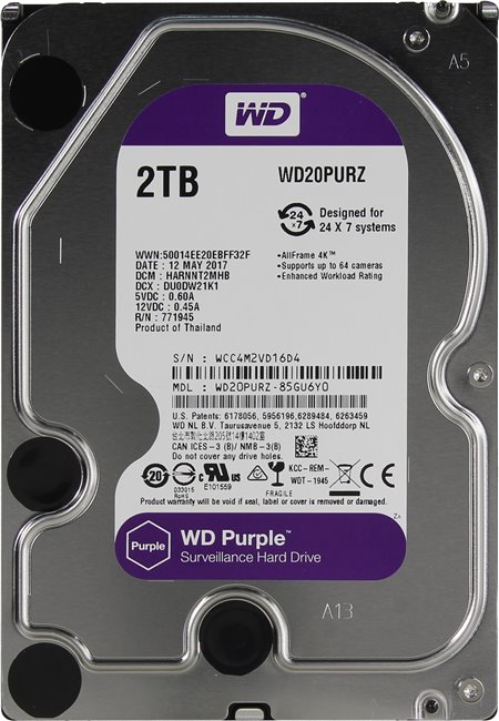 

Жесткий диск (HDD) Western Digital 2Tb Purple, 3.5", 5400rpm, 64Mb, SATA3 (WD20PURZ)