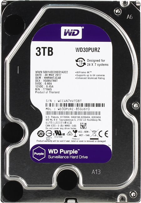 

Жесткий диск (HDD) Western Digital 3Tb Purple, 3.5", 5400rpm, 64Mb, SATA3 (WD30PURZ)