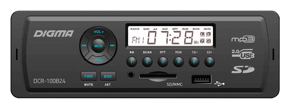 Автомагнитола Digma DCR-100B24, 1 DIN, 4x45 Вт
