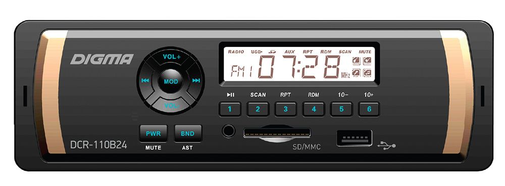 Автомагнитола Digma DCR-110B24, 1 DIN, 4x45 Вт