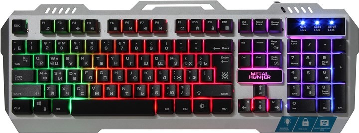 

Клавиатура проводная Defender Metal Hunter GK-140L, мембранная, подсветка, USB, черный/серебристый (45140), Metal Hunter GK-140L