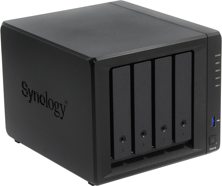 

Сетевой накопитель (NAS) Synology DS418, слоты 4x2.5"/3.5" SATA 6Gb/s, 2x1 Гбит/с, 2xUSB 3.0, Realtek/4x1.4GHz, DDR4 2Gb, RAID 0/1/5/6/10 (DS418), Черный, DS418