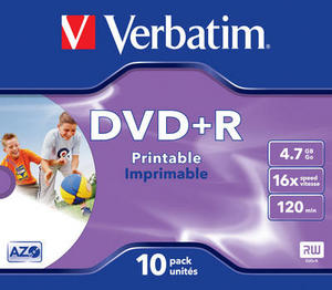 Диск Verbatim DVD+R, 4.7Gb, 16x, Jewel Case, 10 шт, Printable (43508) - фото 1