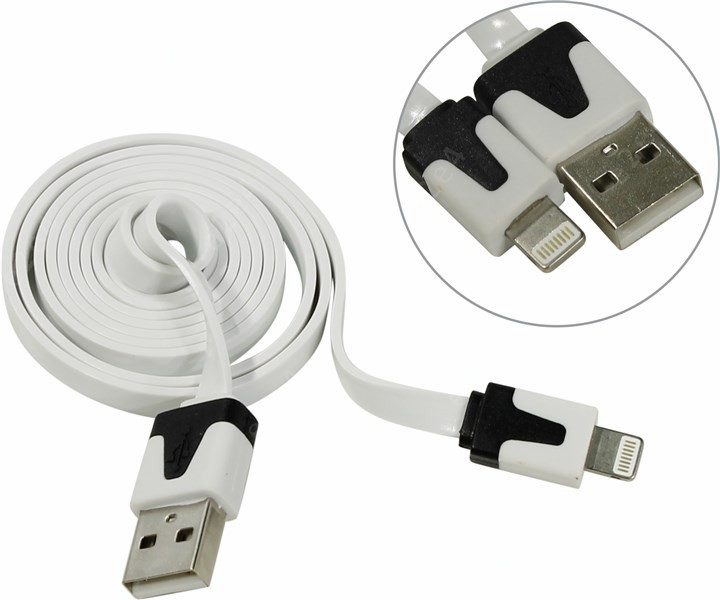 

Кабель USB 2.0(AM)-Lightning(M), Defender, 1m, белый/черный, плоский (ACH01-03P)