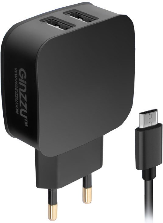 Сетевое зарядное устройство GINZZU GA-3010UB, 2USB, 2.1A, черный, кабель microUSB