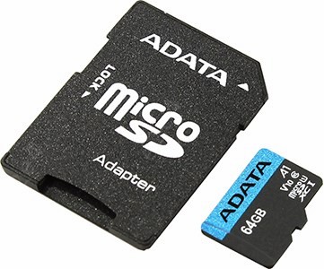 Карта памяти 64Gb microSDXC ADATA Premier Class 10 UHS-I U1 + адаптер (AUSDX64GUICL10A1-RA1)