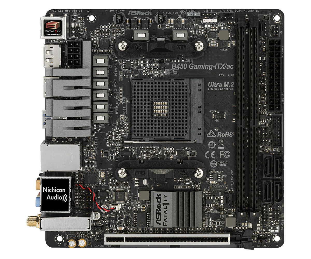 Материнская плата ASRock Fatal1ty B450 Gaming-ITX/ac, SocketAM4, AMD B450, 2xDDR4, PCI-Ex16, 4SATA3, 7.1-ch, GLAN, 6 USB 3.1, 1 USB Type-C, HDMI, DP, mini-ITX, Retail