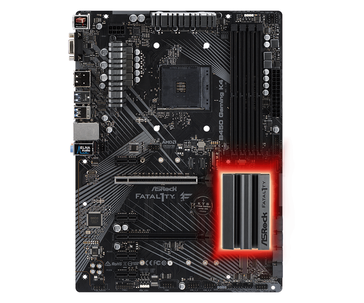 

Материнская плата ASRock Fatal1ty B450 Gaming K4, SocketAM4, AMD B450, 4xDDR4, 2PCI-Ex16, 6SATA3, 7.1-ch, GLAN, 8USB 3.1, USB Type-C, VGA, HDMI, DisplayPort, ATX, Retail, Fatal1ty B450 Gaming K4