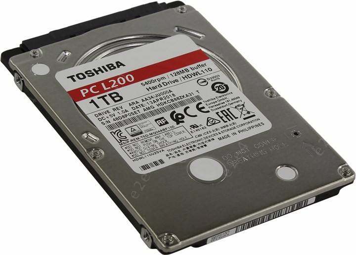 

Жесткий диск (HDD) Toshiba 1Tb L200, 2.5", 5400rpm, 128Mb, SATA3 (HDWL110EZSTA)