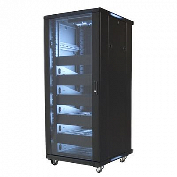 Шкаф телекоммуникационный напольный 27U 600x610 мм, стекло/металл, черный, в сборе, Wize Pro W27UR