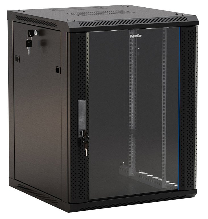 Шкаф телекоммуникационный настенный 22U 600x600 мм, стекло, черный, разборный, Hyperline TWB TWB-FC-2266-GP-RAL9004